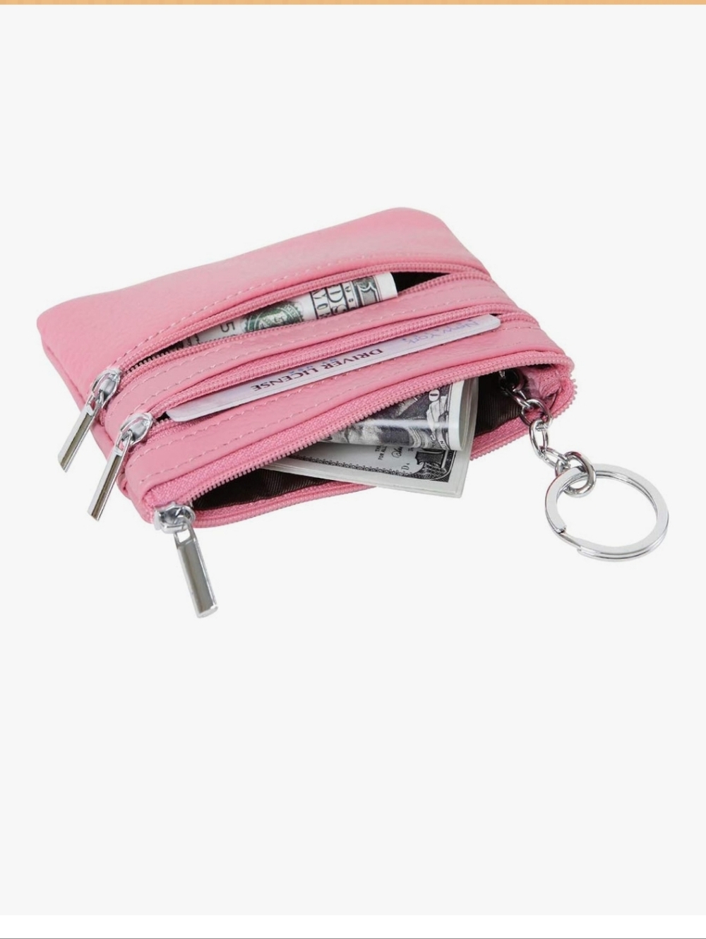 Pink Triple-Zip Genuine Leather Coin Pouch - Picture 4 of 6